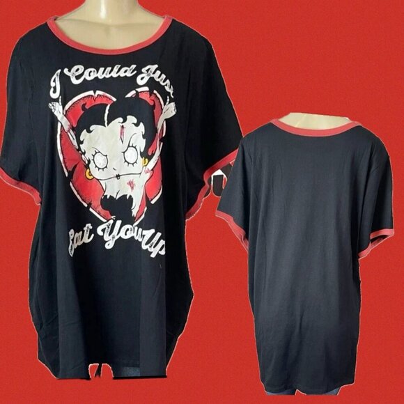 Betty Boop +5 Black Heart Text Graphic Contrast Trim Crew Neck Short Sleeve Tee - Picture 1 of 6